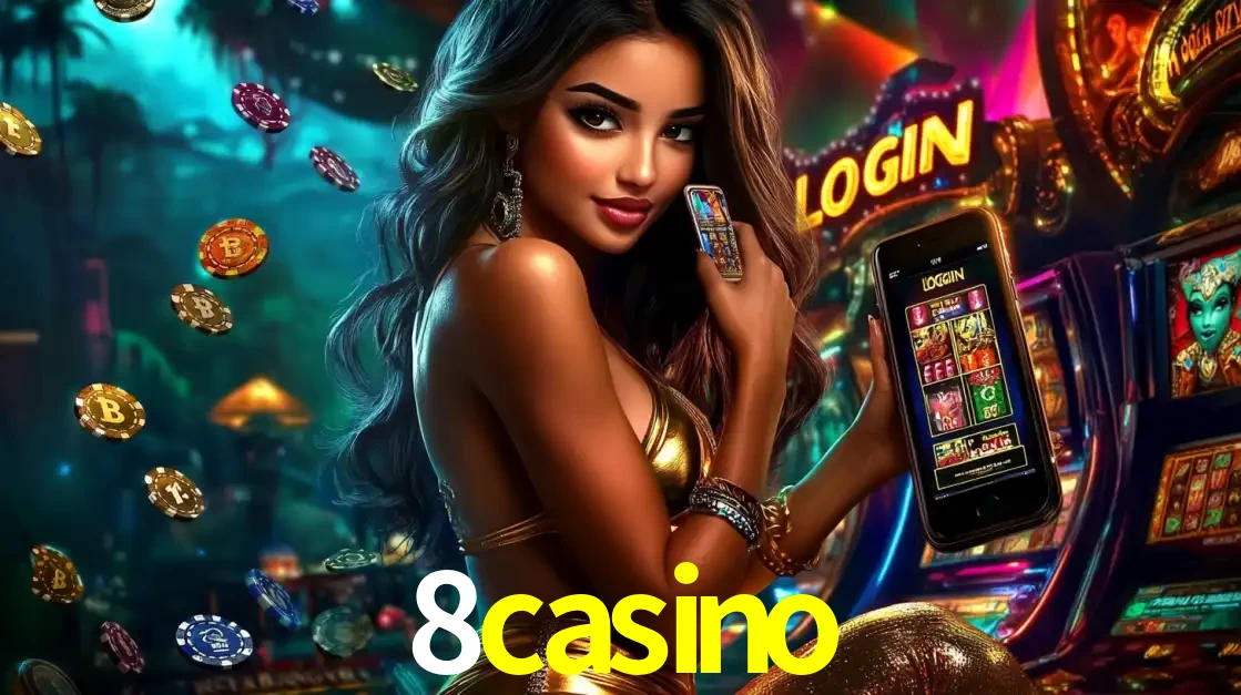 Mulher em um cenário de cassino temático de aventura, mostrando o app de caça-níqueis da 8casino no celular. Fichas de apostas flutuam ao redor.
