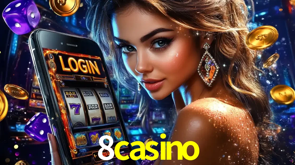 Mulher glamorosa segurando um smartphone com a tela de login para os jogos de caça-níqueis do cassino online 8casino, com moedas de ouro e dados ao redor.