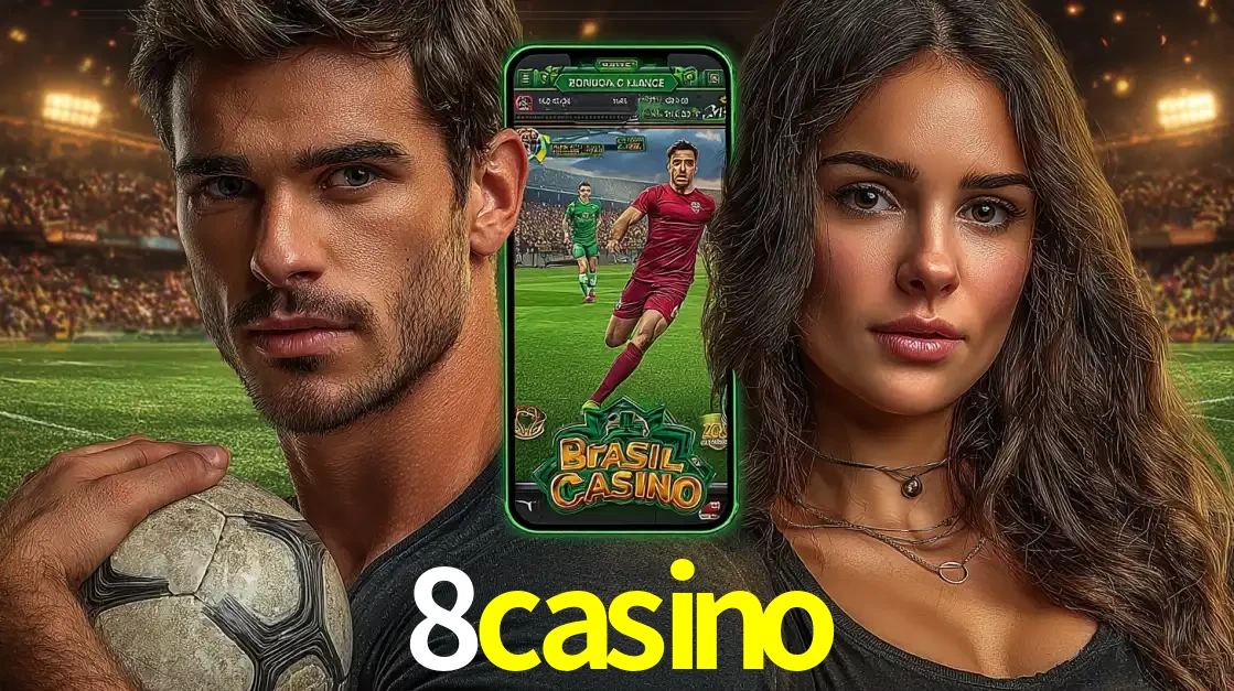 Homem segurando uma bola de futebol e uma mulher ao lado de um smartphone exibindo o jogo de apostas esportivas da 8casino. Faça seu palpite no cassino online.
